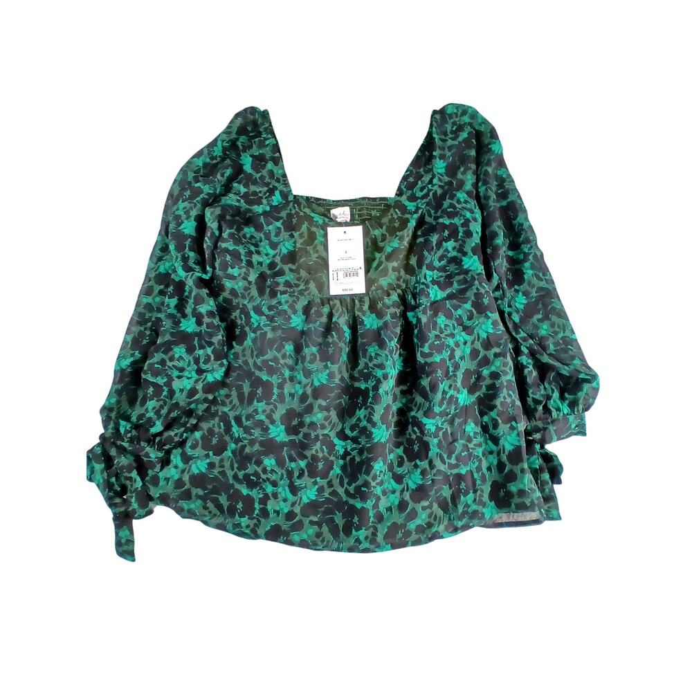 Isabel Maternity Shirt Women Small Green Blouse Tie Wrist Long Sleeve Floral NWT